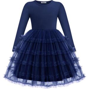 Arshiner Toddler Tutu Dress Girls Long Sleeve Fall Winter Ruffle Tiered Holiday Party Tulle Dresses(Navy Blue)