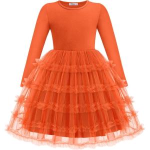 Arshiner Toddler Tutu Dress Girls Long Sleeve Fall Winter Ruffle Tiered Holiday Party Tulle Dresses(Orange)