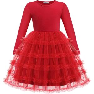 Arshiner Toddler Tutu Dress Girls Long Sleeve Fall Winter Ruffle Tiered Holiday Party Tulle Dresses(Red)