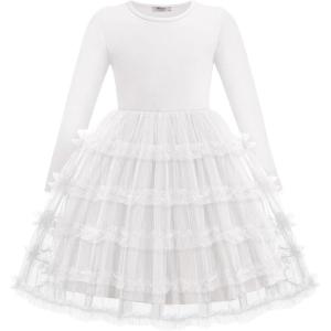 Arshiner Toddler Tutu Dress Girls Long Sleeve Fall Winter Ruffle Tiered Holiday Party Tulle Dresses(White)