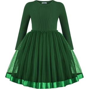Arshiner Toddler Tutu Dress Little Girls Fall Winter Long Sleeve Holiday Party Tulle Dresses 3-8Y(Green)