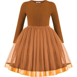 Arshiner Toddler Tutu Dress Little Girls Fall Winter Long Sleeve Holiday Party Tulle Dresses 3-8Y(Light Brown)