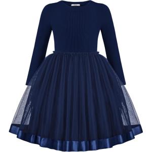 Arshiner Toddler Tutu Dress Little Girls Fall Winter Long Sleeve Holiday Party Tulle Dresses 3-8Y(Navy Blue)