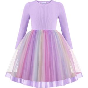 Arshiner Toddler Tutu Dress Little Girls Fall Winter Long Sleeve Holiday Party Tulle Dresses 3-8Y(Purple Rainbow)