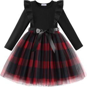 Arshiner Toddler Tutu Dress Little Girls Long Sleeve Casual Tulle Kids Fall Winter Outfits with Ribbon(Black Red Plaid)