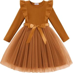 Arshiner Toddler Tutu Dress Little Girls Long Sleeve Casual Tulle Kids Fall Winter Outfits with Ribbon(Brown)