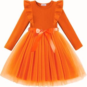 Arshiner Toddler Tutu Dress Little Girls Long Sleeve Casual Tulle Kids Fall Winter Outfits with Ribbon(Burnt Orange)