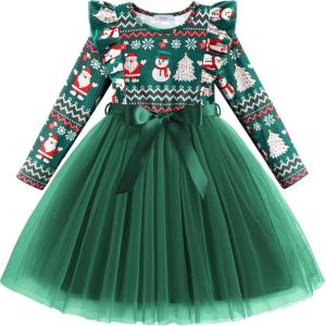 Arshiner Toddler Tutu Dress Little Girls Long Sleeve Casual Tulle Kids Fall Winter Outfits with Ribbon(Christmas Green)
