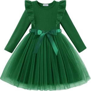 Arshiner Toddler Tutu Dress Little Girls Long Sleeve Casual Tulle Kids Fall Winter Outfits with Ribbon(Deep Green)