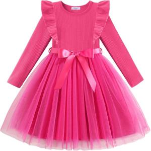 Arshiner Toddler Tutu Dress Little Girls Long Sleeve Casual Tulle Kids Fall Winter Outfits with Ribbon(Hot Pink)