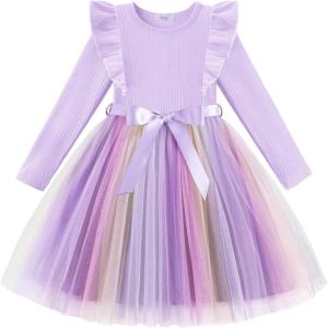 Arshiner Toddler Tutu Dress Little Girls Long Sleeve Casual Tulle Kids Fall Winter Outfits with Ribbon(Lilac Rainbow)