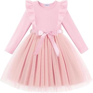 Arshiner Toddler Tutu Dress Little Girls Long Sleeve Casual Tulle Kids Fall Winter Outfits with Ribbon(Pink)