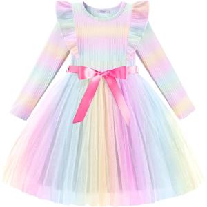 Arshiner Toddler Tutu Dress Little Girls Long Sleeve Casual Tulle Kids Fall Winter Outfits with Ribbon(Rainbow)