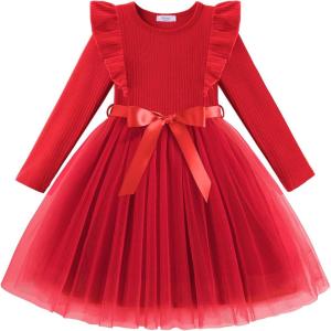 Arshiner Toddler Tutu Dress Little Girls Long Sleeve Casual Tulle Kids Fall Winter Outfits with Ribbon(Red)