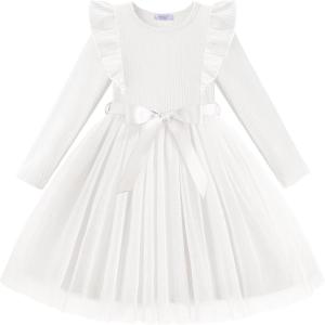 Arshiner Toddler Tutu Dress Little Girls Long Sleeve Casual Tulle Kids Fall Winter Outfits with Ribbon(White)
