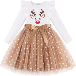 Arshiner Toddler Tutu Dress Little Girls Long Sleeve Casual Tulle Kids Fall Winter Outfits with Ribbon(White Reindeer)