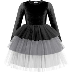 Arshiner Toddler Velvet Dress Girls Tulle Tutu Fall Winter Long Sleeve Tiered Holiday Party Dresses 2-8Y(Black Gray)