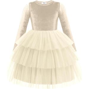 Arshiner Toddler Velvet Dress Girls Tulle Tutu Fall Winter Long Sleeve Tiered Holiday Party Dresses 2-8Y(Champagne)
