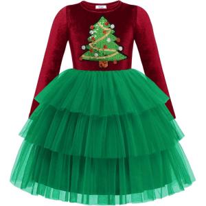 Arshiner Toddler Velvet Dress Girls Tulle Tutu Fall Winter Long Sleeve Tiered Holiday Party Dresses 2-8Y(Christmas Green Tree)