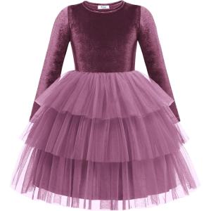 Arshiner Toddler Velvet Dress Girls Tulle Tutu Fall Winter Long Sleeve Tiered Holiday Party Dresses 2-8Y(Fuchsia)