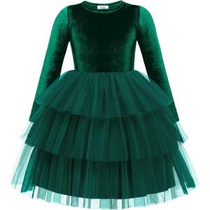 Arshiner Toddler Velvet Dress Girls Tulle Tutu Fall Winter Long Sleeve Tiered Holiday Party Dresses 2-8Y(Green)
