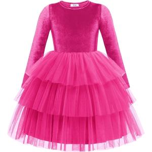 Arshiner Toddler Velvet Dress Girls Tulle Tutu Fall Winter Long Sleeve Tiered Holiday Party Dresses 2-8Y(Hot Pink)