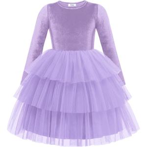 Arshiner Toddler Velvet Dress Girls Tulle Tutu Fall Winter Long Sleeve Tiered Holiday Party Dresses 2-8Y(Lavender)