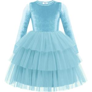 Arshiner Toddler Velvet Dress Girls Tulle Tutu Fall Winter Long Sleeve Tiered Holiday Party Dresses 2-8Y(Light Blue)