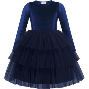 Arshiner Toddler Velvet Dress Girls Tulle Tutu Fall Winter Long Sleeve Tiered Holiday Party Dresses 2-8Y(Navy Blue)