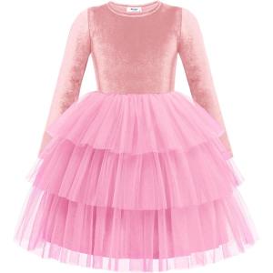 Arshiner Toddler Velvet Dress Girls Tulle Tutu Fall Winter Long Sleeve Tiered Holiday Party Dresses 2-8Y(Pink)