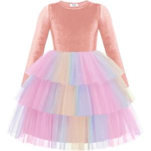 Arshiner Toddler Velvet Dress Girls Tulle Tutu Fall Winter Long Sleeve Tiered Holiday Party Dresses 2-8Y(Pink Rainbow)
