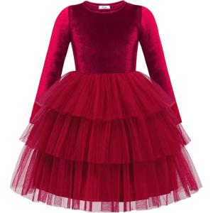 Arshiner Toddler Velvet Dress Girls Tulle Tutu Fall Winter Long Sleeve Tiered Holiday Party Dresses 2-8Y(Red)