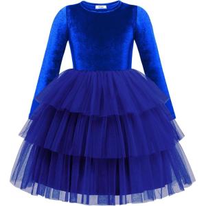 Arshiner Toddler Velvet Dress Girls Tulle Tutu Fall Winter Long Sleeve Tiered Holiday Party Dresses 2-8Y(Sky Blue)