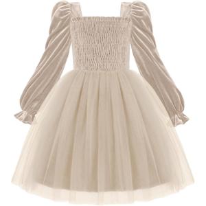 Arshiner Toddler Velvet Tutu Dress Tulle Puff Long Sleeve Square Neck Smocked Fall Winter Formal Party Birthday Dresses(Beige)