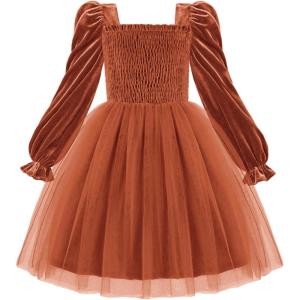 Arshiner Toddler Velvet Tutu Dress Tulle Puff Long Sleeve Square Neck Smocked Fall Winter Formal Party Birthday Dresses(Brown)