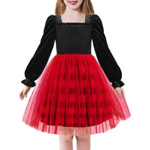 Arshiner Toddler Velvet Tutu Dress Tulle Puff Long Sleeve Square Neck Smocked Fall Winter Formal Party Birthday Dresses(Christmas Plaid)