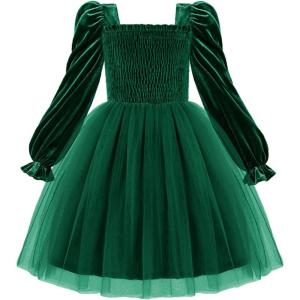 Arshiner Toddler Velvet Tutu Dress Tulle Puff Long Sleeve Square Neck Smocked Fall Winter Formal Party Birthday Dresses(Green)