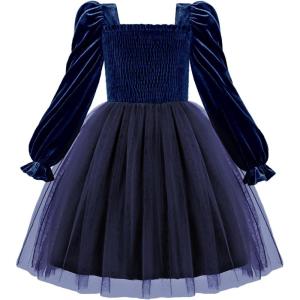 Arshiner Toddler Velvet Tutu Dress Tulle Puff Long Sleeve Square Neck Smocked Fall Winter Formal Party Birthday Dresses(Navy Blue)