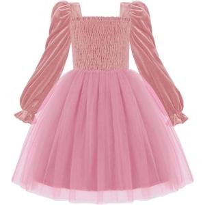 Arshiner Toddler Velvet Tutu Dress Tulle Puff Long Sleeve Square Neck Smocked Fall Winter Formal Party Birthday Dresses(Pink)