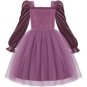 Arshiner Toddler Velvet Tutu Dress Tulle Puff Long Sleeve Square Neck Smocked Fall Winter Formal Party Birthday Dresses(Purple)