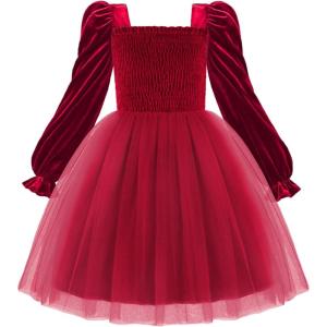 Arshiner Toddler Velvet Tutu Dress Tulle Puff Long Sleeve Square Neck Smocked Fall Winter Formal Party Birthday Dresses(Red)
