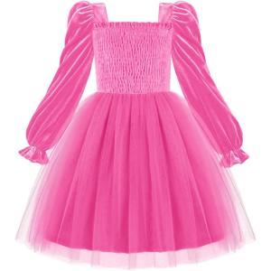 Arshiner Toddler Velvet Tutu Dress Tulle Puff Long Sleeve Square Neck Smocked Fall Winter Formal Party Birthday Dresses(Rose Red)