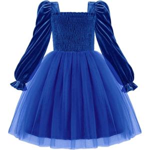 Arshiner Toddler Velvet Tutu Dress Tulle Puff Long Sleeve Square Neck Smocked Fall Winter Formal Party Birthday Dresses(Royal Blue)