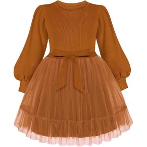 Arshiner Tulle Dress Toddler Girls Puff Long Lantern Sleeves Fall Winter Tutu Party Dresses with Tie Belt 3-8Y(Brown)