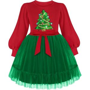Arshiner Tulle Dress Toddler Girls Puff Long Lantern Sleeves Fall Winter Tutu Party Dresses with Tie Belt 3-8Y(Christmas Green Tree)