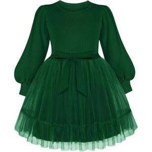 Arshiner Tulle Dress Toddler Girls Puff Long Lantern Sleeves Fall Winter Tutu Party Dresses with Tie Belt 3-8Y(Dark Green)