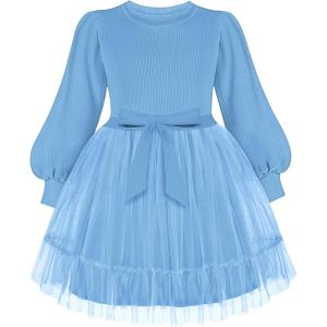 Arshiner Tulle Dress Toddler Girls Puff Long Lantern Sleeves Fall Winter Tutu Party Dresses with Tie Belt 3-8Y(Light Blue)