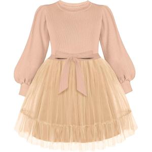 Arshiner Tulle Dress Toddler Girls Puff Long Lantern Sleeves Fall Winter Tutu Party Dresses with Tie Belt 3-8Y(Light Brown)