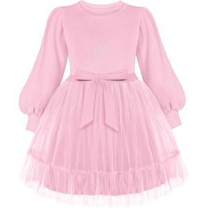 Arshiner Tulle Dress Toddler Girls Puff Long Lantern Sleeves Fall Winter Tutu Party Dresses with Tie Belt 3-8Y(Light Pink)