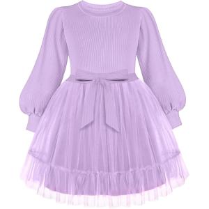 Arshiner Tulle Dress Toddler Girls Puff Long Lantern Sleeves Fall Winter Tutu Party Dresses with Tie Belt 3-8Y(Lilac)